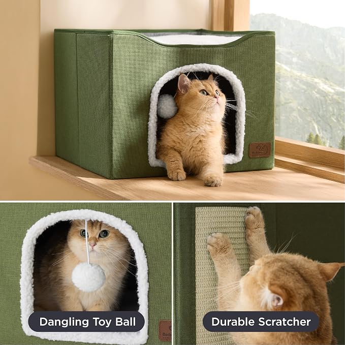 Bedsure Cat House Bed for Indoor Cats with Fluffy Ball and Scratch Pad | Loden Green,16.5x16.5x13 in,Large Cat Cave for Multiple Pets,Foldable Cat Hideway Cube for Sleeping Kitten - Image 4
