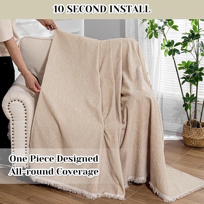 MEETSKY Sofa Covers Armchair Single Couch Cover for Dogs,Throw Couch Cover with Tassel Recliner Chair Recliner Cover Washable 1 Cushion Couch Chenille Couch Protector, 71"x 91", Khaki - Image 7
