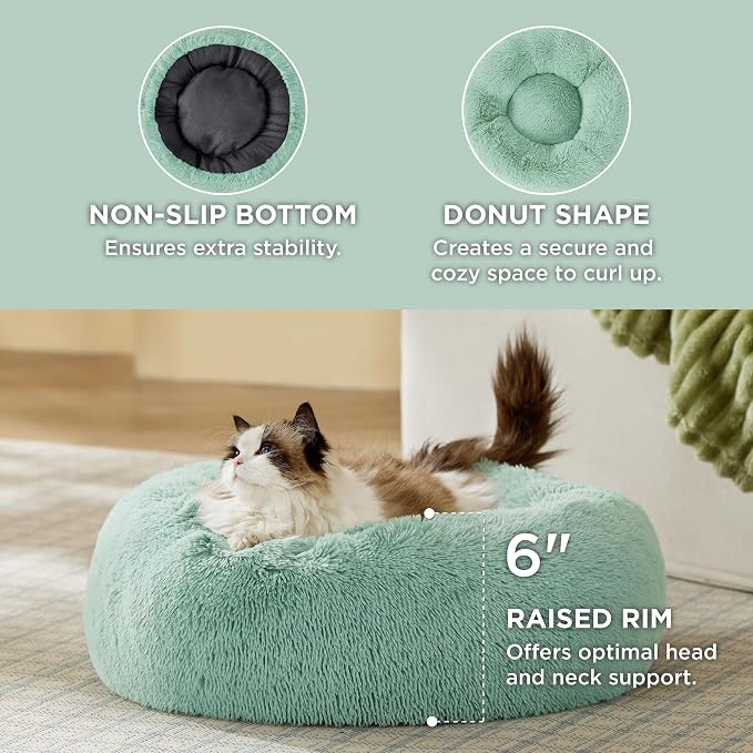 Bedsure Calming Cat Beds Donut Round Washable Kitten Bed,20 inches | Fluffy Faux Fur Cuddler,Anti-Slip Bottom,Anti-Anxiety,Deep Sleeping for Cats&Small Pets Up to 15 Lbs,Apple Green - Image 3