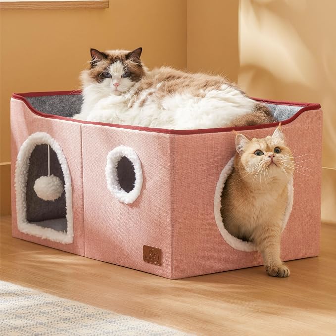 Bedsure Extra Wide Cat House Bed with Fluffy Ball and Scratch Pad,Pink | 23.6x16.9x13 in,Indoor Cat Cave for Multiple Pets, Foldable Cat Hideway Cube for Sleeping Large Cat and Kitten - Image 7