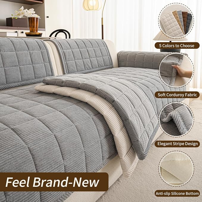 Velvet Couch Covers for Sectional Sofa Washable, Non-Slip L Shaped Sectional Couch Cover, Soft Pet Couch Covers for Sofas, Furniture Slipcovers for Single Sofa(1PC,35"x35",Light Grey) - Image 4