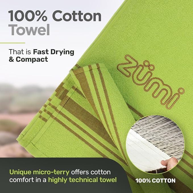 Zumi MINI 100% Cotton Camping Travel Towel - Small, Ultralight, Fast Drying, Highly Absorbent, Soft and Gentle on the Skin, Safe for the Planet (28" x 13" Green) - Image 2