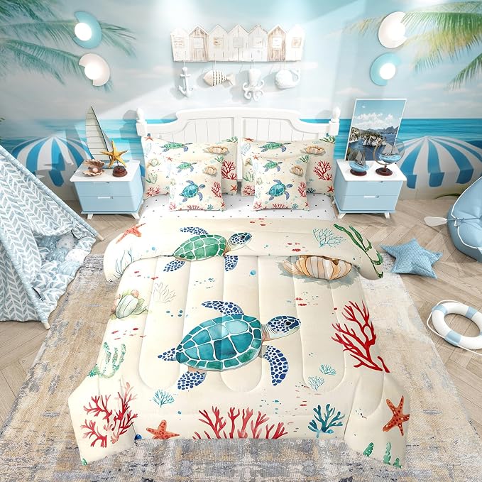 Erosebridal Cartoon Sea Turtle King Size 7-Piece Bedding Set for Kids, Ocean Life Tortoise Comforter Set with Sheets, Underwater World Sea Animal Bed in A Bag, Seashell Bedding Comforter Sets by Erosebridal