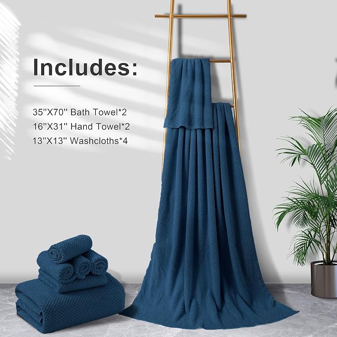 8-Piece Navy Bath Towel Set, 2 Extra Large Bath Towel Sheets, 2 Hand Towels and 4 Washcloths - Highly Absorbent Quick Dry Microfiber,Ultra Soft Towel Set for Bathroom, Waffle Weave Design, Pack of 8 - Image 6