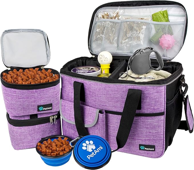 PetAmi Dog Travel Bag Organizer, Pet Travel Kit with 2 Food Containers & 2 Collapsible Dog Bowls, Pet Supplies Tote with Luggage Sleeve, Weekend Road Trip Camping Essentials, Purple, Medium by PetAmi