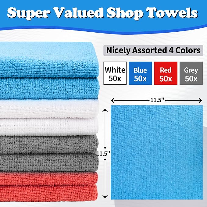 FIXSMITH Shop Towels, Microfiber Cleaning Cloth Bulk, 200 Pack Microfiber Towels for Cars, All-Purpose Absorbent Cleaning Rags, Dust Cloth for Automotive, Mechanic, Garage, Bar, 11.5 x 11.5 inch - Image 2