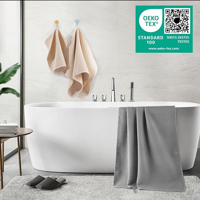 POLYTE 430 GSM Microfiber Quick Dry Lint Free Oversize Bath Towel Set, 6 Piece (Waffle Weave) - Image 3