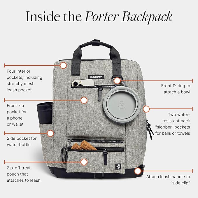 Cleverpup Porter 2-in-1 Dog Gear Backpack – Premium Dog Travel Bag with 10 Pockets, Zip-Off Treat Pouch, Leash Clip, Waterproof Pockets & Water Bottle Holder – Weekend, Hiking, Camping, Heather Grey - Image 3