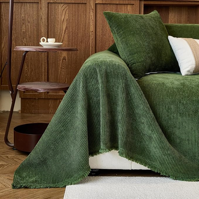 Green Boho Couch Covers for Sofa Washable for 3 Cushion Couch,71''X150'' | Chenille Furniture Protector Sofa Couch Cover for Dogs, Soft Breathable Sofa Slipcover, Couch Throw Blankets with Tassels - Image 2
