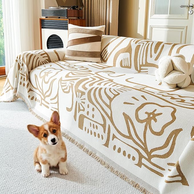MYSKY HOME Couch Cover for Dogs, Washable Couch Covers, Sofa Covers for Sectional Sofa, Couch Cover 2 Cushion Sofa Dogs Furniture Protector, Chenille Sofa Covers for Pets, 71"x118", Abstract Khaki by MYSKYHOME