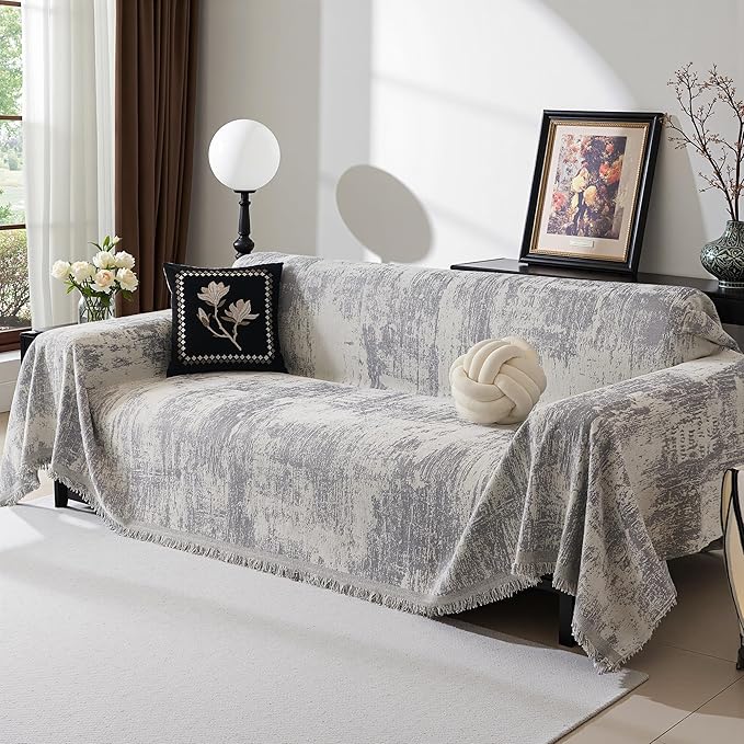 MEETSKY Couch Cover Boho Sofa Covers Couch Covers for 3 Cushion Couch Sofa Pet Friendly, Abstract Geometric Washable Sofa Slipcover for Sectional Sofa Cover with Tassel, 91" x 134", Light Grey - Image 2