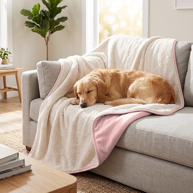 Waterproof Blanket for Dogs - Pet Throw as Furniture Protector | Cozy Sherpa & Smooth Velvet, Reversible and Machine Washable, for Couch, Bed, or Travel, 50"x60", Pink by TuffeelHome