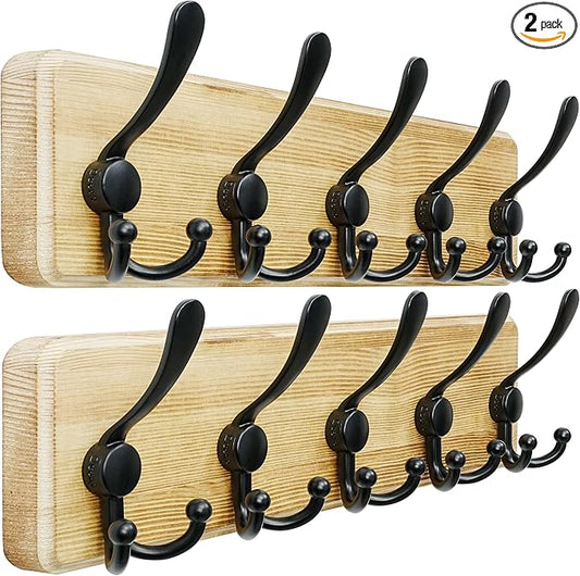 Dseap Coat Rack Wall Mount - Heavy-Duty Robust Rustic Wooden Wall Coat Hanger Hook Rail with 5 Triple Hooks for Winter Coats Hat Jacket Clothing, Light Brown & Black, Pack of 2 by Dseap