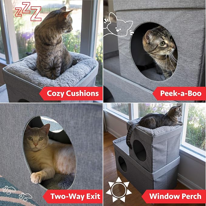 Kitty City Large Stackable Cat Condo & Cube House, Modular Indoor Cat Furniture with Plush Washable Beds, Collapsible Cat Cave & Lounging Ottoman, Grey - Image 2
