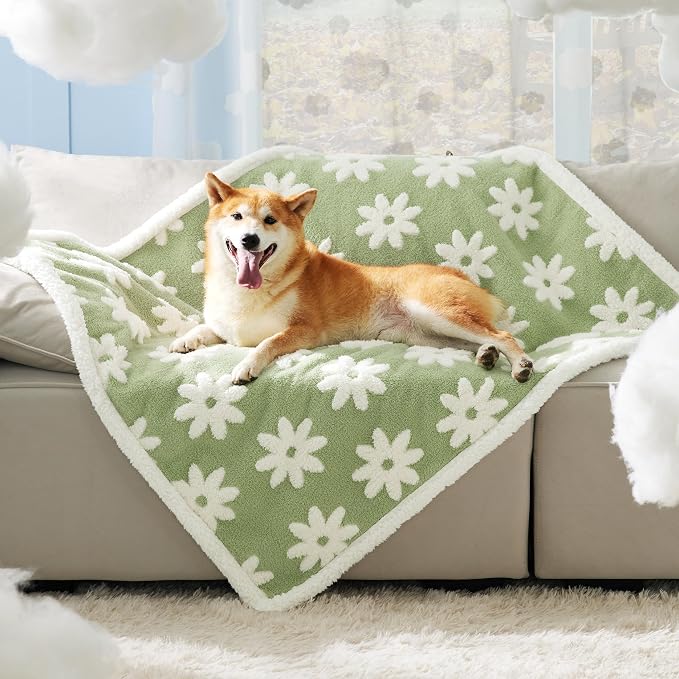 LE SURE Waterproof Dog Blankets for Large Dogs Cute Cozy 3D Jacquard,40x50 | Warm Soft Pet Blanket for Senior Dogs Aesthetic Gift, Washable Sherpa Throw, Reversible Couch Protector, Flower Garden Green - Image 2