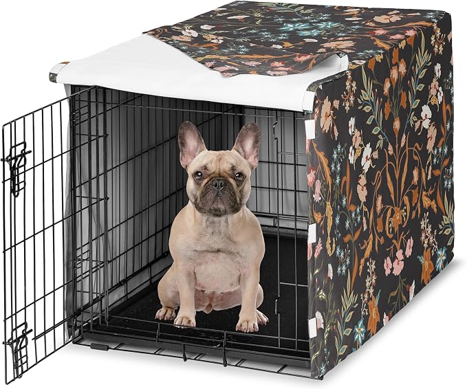 Sweet Jojo Designs 30in. Small/Medium Dog Crate Cover (Black Boho Wildflower) for Girls Pet Cage, Kennel Covers (Vintage, Floral, Leaves, Botanical, Paisley, Flower, Bohemian, Farmhouse, Orange, Blue) by SweetJojoDesigns