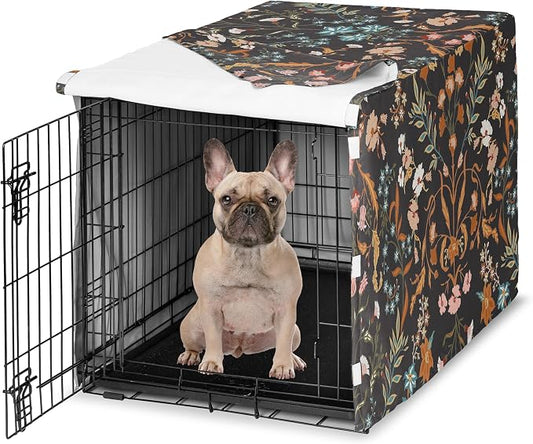 Sweet Jojo Designs 30in. Small/Medium Dog Crate Cover (Black Boho Wildflower) for Girls Pet Cage, Kennel Covers (Vintage, Floral, Leaves, Botanical, Paisley, Flower, Bohemian, Farmhouse, Orange, Blue) by SweetJojoDesigns
