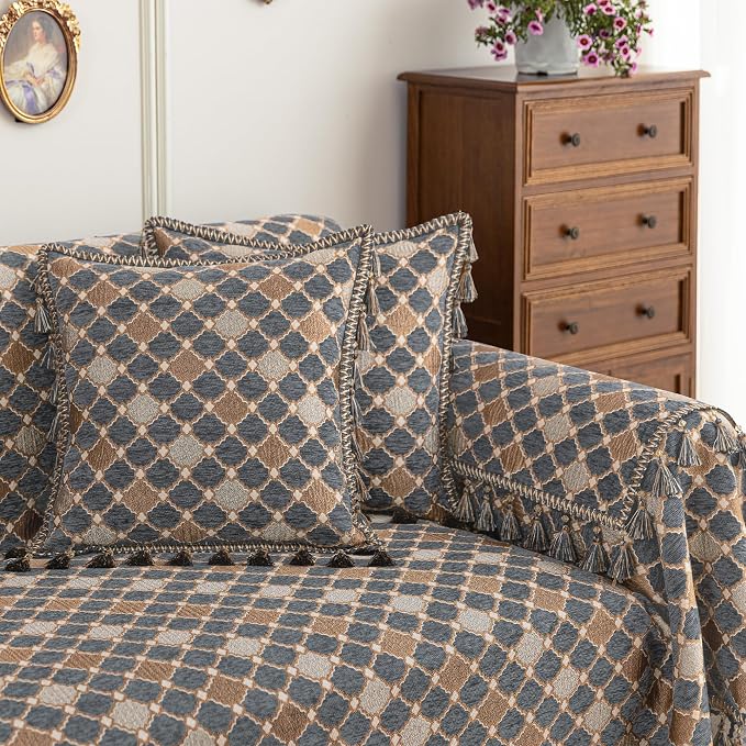 Loom and Mill Chenille Sofa Arm Covers 2 PCS, Blue-Grey+Khaki+Beige,20x24in | Elegant Checkered Jacquard Couch Armrest Cover with Tassels, Non-Slip Furniture Protector for Chair Sofa Couch Dogs Pets - Image 7