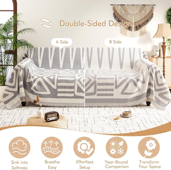 Couch Cover for 2-3 Cushion Couch Sofa Pet Friendly, Boho Sectional L Shaped Sofa Cover Washable for Dogs Cats Kids, Leather Furniture Protector Slipcover Decor for Living Room, 71"x118" - Image 2
