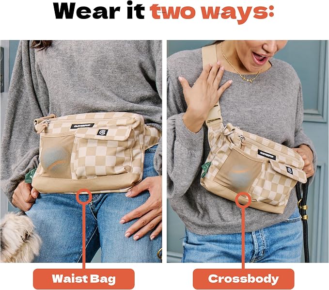 Cleverpup Walk & Train 2-in-1 Dog Walking Bag - Hands-Free Training Crossbody Sling & Fanny Pack with Treat Pouch, Poop Bag Holder, Phone Pockets - Adjustable Waist or Shoulder Strap - Checkerboard - Image 4