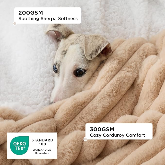 Bedsure ComfyFleece™ Waterproof Dog Blankets for Medium Dogs 30"x40" | Soft Plush Puppy Cat Blanket, Washable Corduroy Fleece,Cozy Calming Reversible Furniture Protector for Pet, Tuscan Beige - Image 2