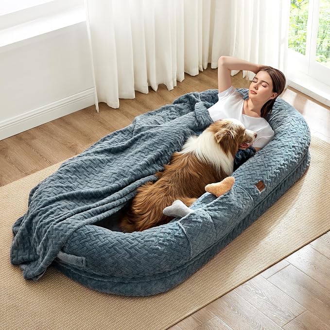 ChiXnuggle Orthopedic Human Dog Bed,with Faux Fur Washable Cover,Blanket | bluish grey,72*40*10,giant dog bed for adult or extra large dogs,egg crate foam,non-slip bottom by SnuggleUpPawsDown