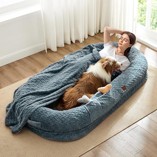 ChiXnuggle Orthopedic Human Dog Bed,with Faux Fur Washable Cover,Blanket | bluish grey,72*40*10,giant dog bed for adult or extra large dogs,egg crate foam,non-slip bottom by SnuggleUpPawsDown