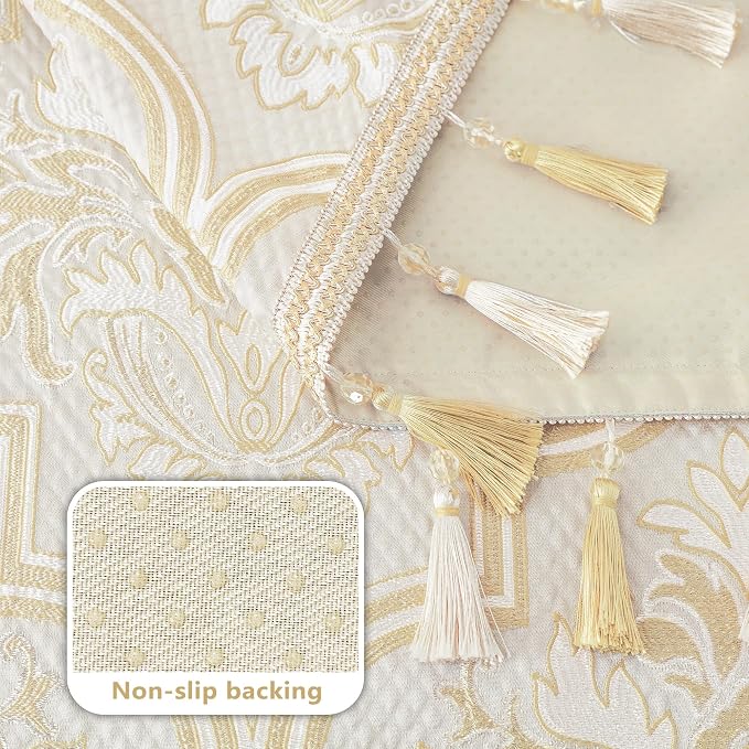Loom and Mill Luxury Elegant Sofa Arm Covers 2 PCS, Beige Gold, 20x24in | European Damask Floral Couch Armrest Cover with Tassels, Non-Slip Furniture Protector for Chair Sofa Recliners Couch Dogs Pet - Image 3