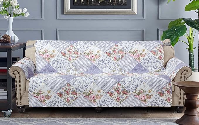 Brilliant Sunshine Rose Violet Floral Couch Cover, 78" seat | Patchwork Design, Non Slip Sofa Cover, Quilted Furniture Protector, Extra Large Washable Slipcover for Pets, Dogs & Cats by BrilliantSunshine