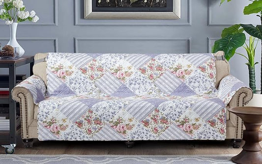 Brilliant Sunshine Rose Violet Floral Couch Cover, 78" seat | Patchwork Design, Non Slip Sofa Cover, Quilted Furniture Protector, Extra Large Washable Slipcover for Pets, Dogs & Cats by BrilliantSunshine