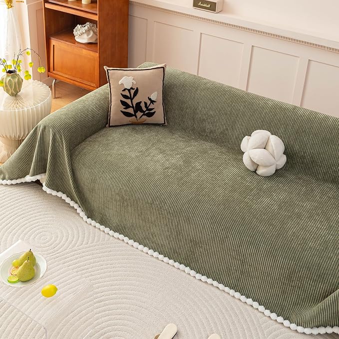 Olive Green Striped Chenille Sofa Cover for Dogs, Modern Boho Couch Cover for Sofa Washable, Non Slip Pets Couch Protector for 2 Cushion Couch with Pom Pom Edge, Sectional Slipcover Blanket-71X118IN - Image 3