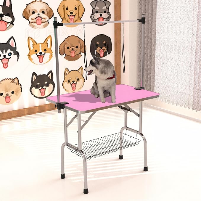 46" Dog Grooming Table Foldable Pet Grooming Tables with Adjustable Arm Noose Storage Mesh Tray Maximum Capacity Up to 330lbs Pink by TRODEP