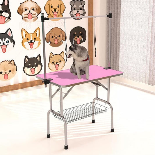 36" Dog Grooming Table Foldable Pet Grooming Tables with Adjustable Arm Noose Storage Mesh Tray Maximum Capacity Up to 330lbs Pink by TRODEP