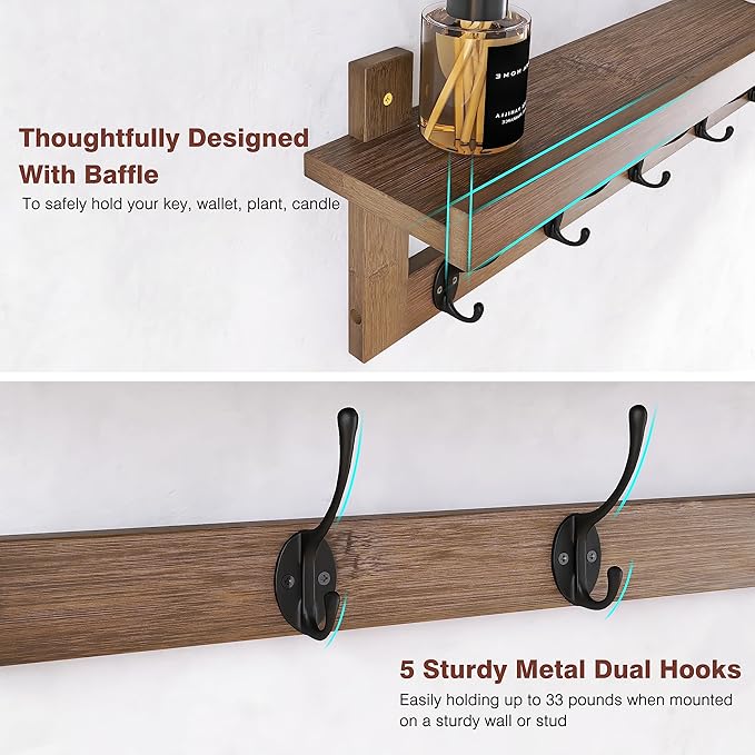 SMIBUY Coat Hooks with Shelf Wall-Mounted, 29.2 Inch Entryway Coat Rack for Wall, Bamboo Hanging Shelf with 5 Double Metal Hooks for Bathroom, Bedroom, Kitchen, Living Room, Mudroom (Walnut) - Image 6