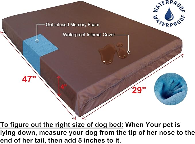 Dogbed4less Extra Large Orthopedic Memory Foam Dog Bed for Large Dogs with Durable Waterproof Internal Case, Removable Washable Denim Cover and Bonus Pet Bed Cover, 47X29X4 Fits 48X30 Dog Crate, Brown - Image 3