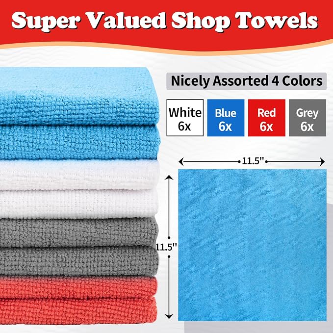 FIXSMITH Shop Towels, Microfiber Cleaning Cloth Bulk, 24 Pack Microfiber Towels for Cars, All-Purpose Absorbent Cleaning Rags, Dust Cloth for Automotive, Mechanic, Garage, Bar, 11.5 x 11.5 inch - Image 2
