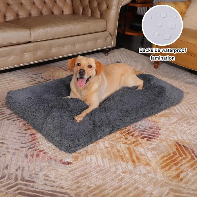 Bedfolks Waterproof Dog Crate Pad, Extra Large Faux Fur Dog Bed, Washable Kennel Bed 41"x27", Dark Grey - Image 2