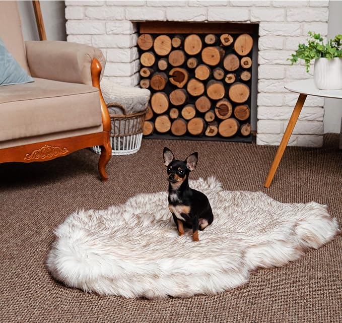Faux Fur Orthopedic Dog Bed, Memory Foam, White w/Brown Tips 30"x20" | Plush Washable Dog Rug with Waterproof Machine Washable Cover, Calming for Anxious Senior Dogs, Relieves Joints - Image 2