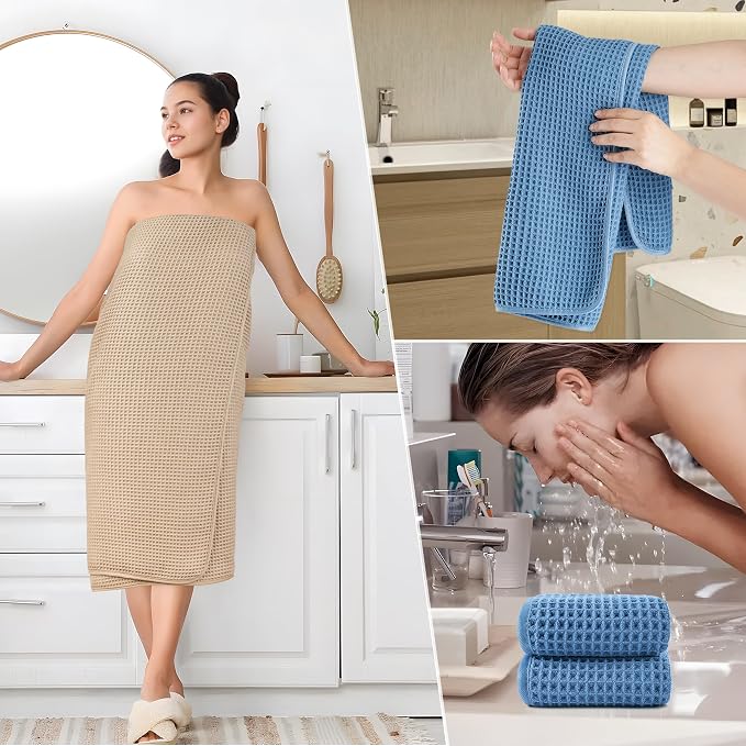 POLYTE 430 GSM Microfiber Quick Dry Lint Free Oversize Bath Towel Set, 6 Piece (Waffle Weave) - Image 5