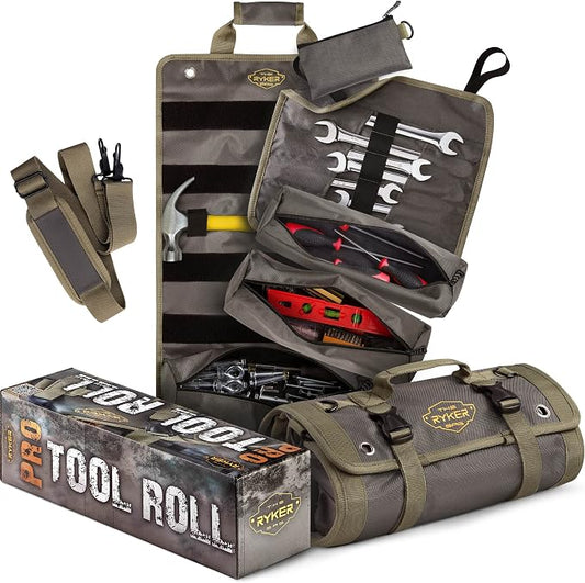 Ryker PRO Heavy Duty Motorcycle Tool Roll Up Bag w/Socket Wrench Organizer | Motorcycle Accessories Camping Trunk Organizer for Storage & Plumbing Tools. Tool Box Work Boat Bag with Waterproof Pouches by TheRykerBag