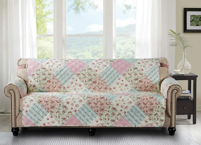 Brilliant Sunshine Pink and Green Rose Patchwork Couch Cover, Quilted X-Large Sofa Slipcover, 78" Seat Width, Slip Resistant Furniture Protector, 2" Strap, Washable Couch Cover for Pets, Pink Green | Non Slip Sofa Cover, Living Room Quilted Furniture P... - Image 3