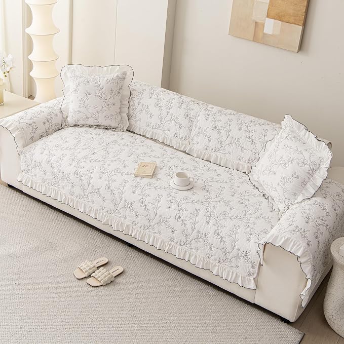 Couch Cover for 1 Cushion, Cotton Non-Slip Sofa Slipcover | Boho Floral Couch covers for Sofa Armrest Headrest, Furniture Protector L Shaped Sectional Cover (1PC, White/Black, 36"X36") - Image 7
