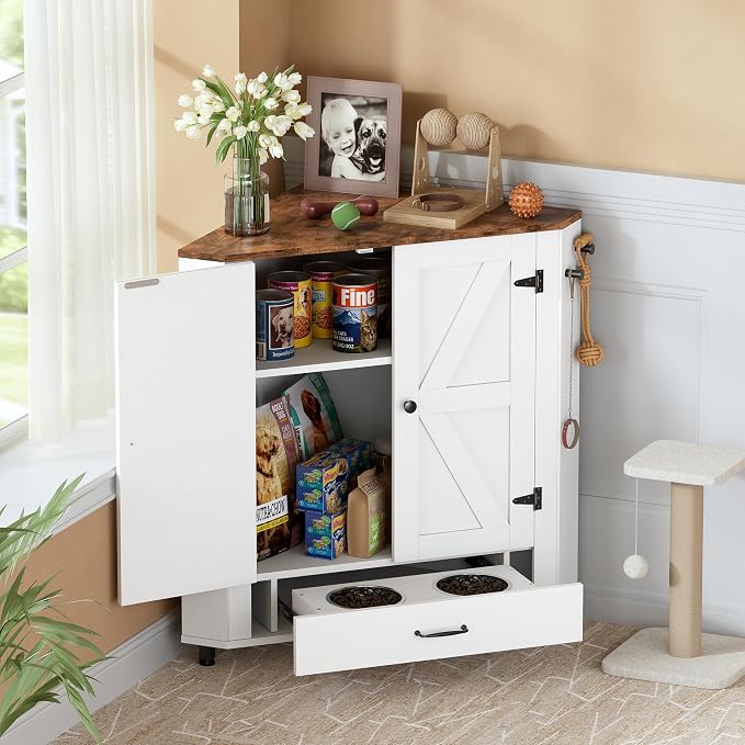 PakaLife Farmhouse Dog Food Storage Corner Cabinet, Dog Feeding Station with 2 Hidden Bowls, Adjustable Panel, 4 Hooks, Pet Feeding Station Corner Cabinet for Medium, Small Sized Dogs - Image 8