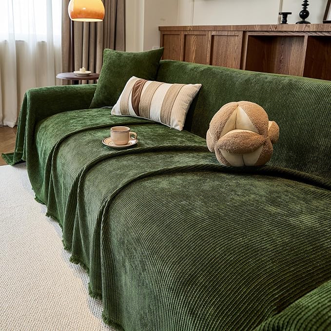 VClife Vintage Olive Green Striped Couch Cover with Tassel, 71" X 150" | Soft Thick Chenille Couch Covers for 3 Cushion Couch Sofa, Washable Sofa Covers for Sectional Sofa, Fade & Shrink Resistant - Image 6