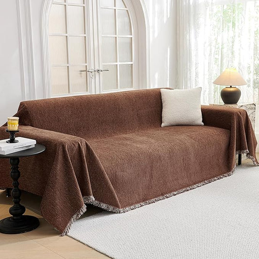 MYSKY HOME Chocolate Couch Cover Non Slip Dog Sectional Sofa Cover for 3 Cushion Couch Sofa Slipcover with Tassels Futon Cover Non Slip Washable Furniture Protector Cover for Pet, Cat, 91"x118" by MYSKYHOME