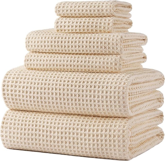 POLYTE 430 GSM Microfiber Quick Dry Lint Free Oversize Bath Towel Set, 6 Piece (Waffle Weave) by Polyte