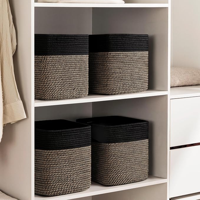 joybest 11inch Cube Storage Bins, Cotton Rope Woven Organizer Basket | Set of 4 Cube Bin Square Shelves Organizer Closet Storage, Nursery, Toy Organization, Black&Dark Brown - Image 5