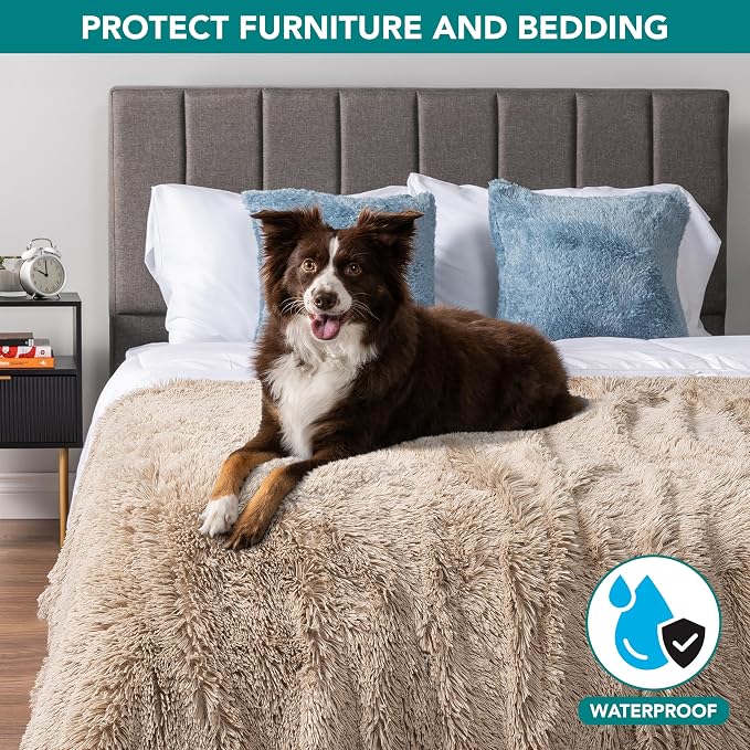 PetAmi Waterproof Dog Blanket for Couch, Queen Bed & Furniture,Reversible Sherpa & Faux Fur Pet Blanket, Leakproof Throw for Large Dog Cat, Washable Soft Calming Sofa Protector (90x90 Taupe) - Image 2