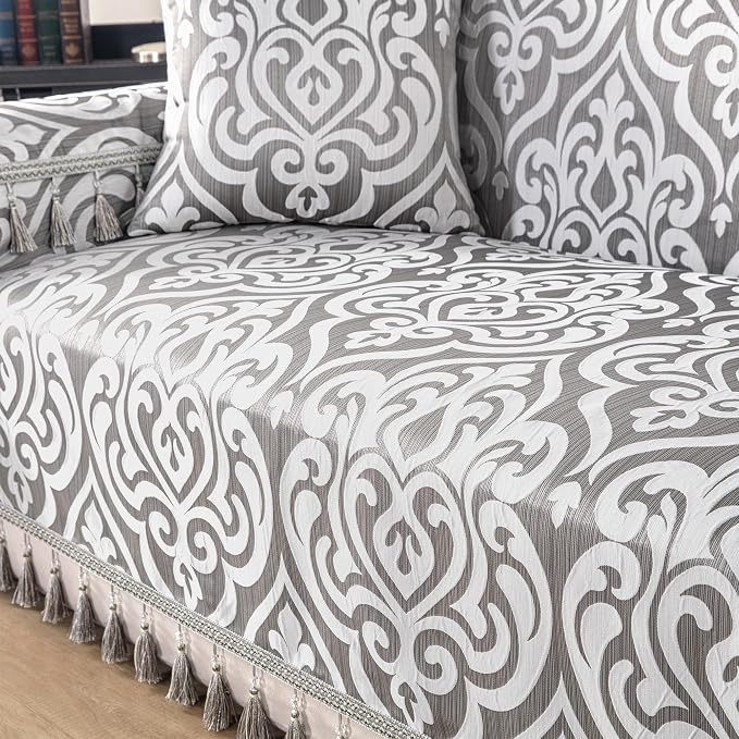 Loom and Mill Modern Damask Sofa Throw Covers, Sliver Gray, 71"x118" | Luxury Couch Cover with Elegant Tassels, Fits 2-3 Cushion Couches & Sectional Sofas, Protects against Dogs, Pets & Daily Wear - Image 4