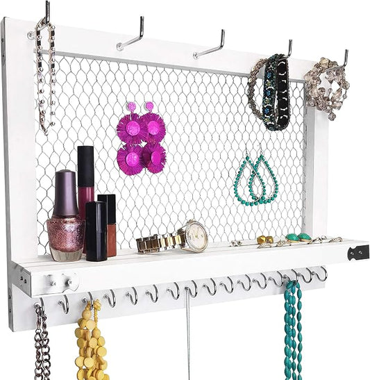 OUTSHINE Large Farmhouse Wall Jewelry Organizer (White) | Wall Organizer For Earrings, Necklace, Bracelet, Hair Accessories | Chicken Wire Earring Holder | For Women, Wife, Mom, Girlfriend by OutshineCo